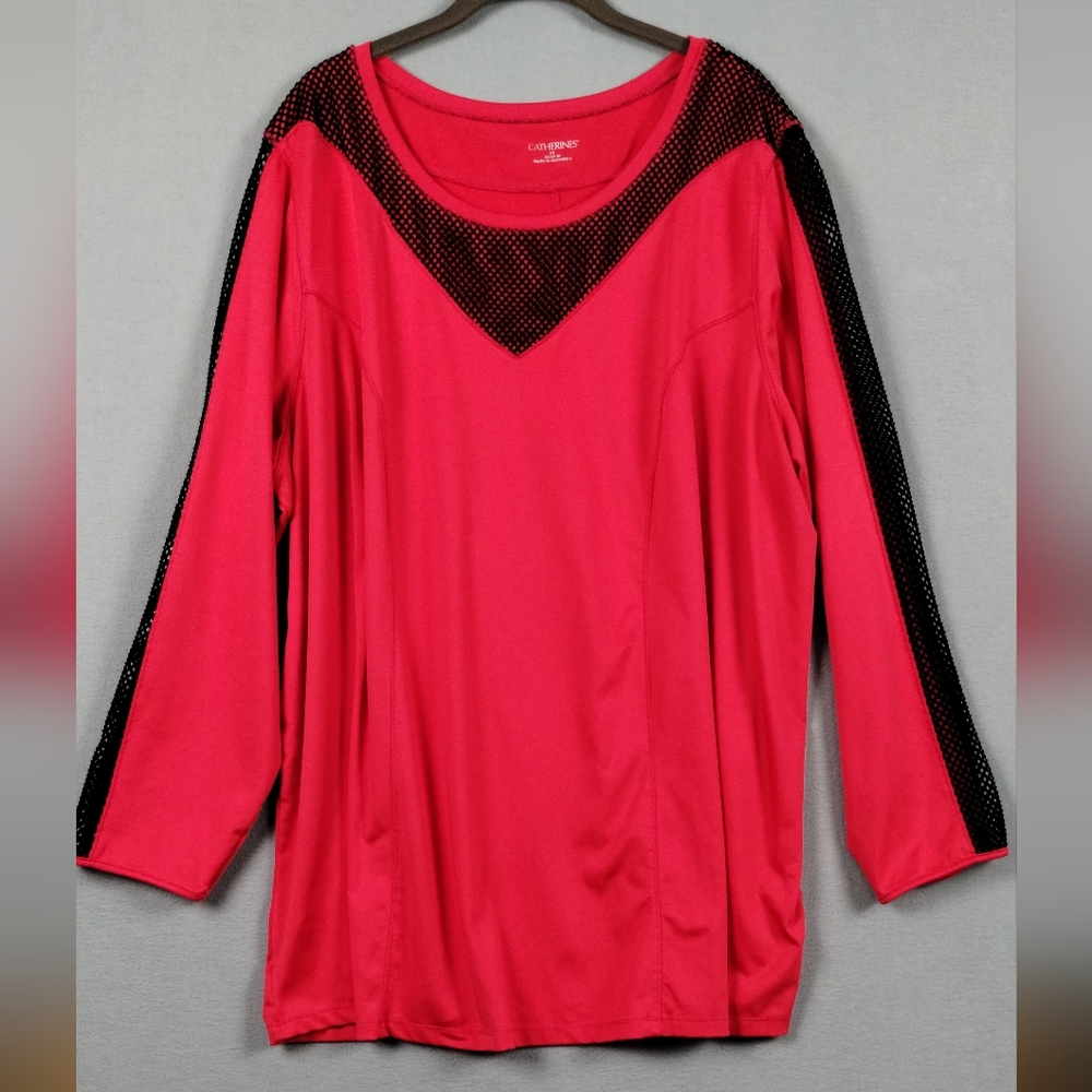 Catherines Womens Top 2X 22/24 W Long Sleeve Stretch Sport Mesh Detail Pink Red